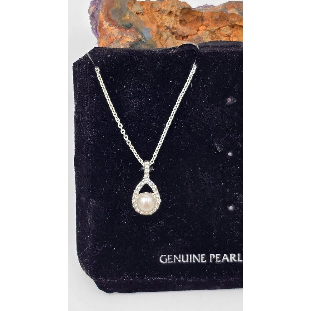 Genuine Pearl & Crystal Teardrop Pendant Silver Tone Necklace